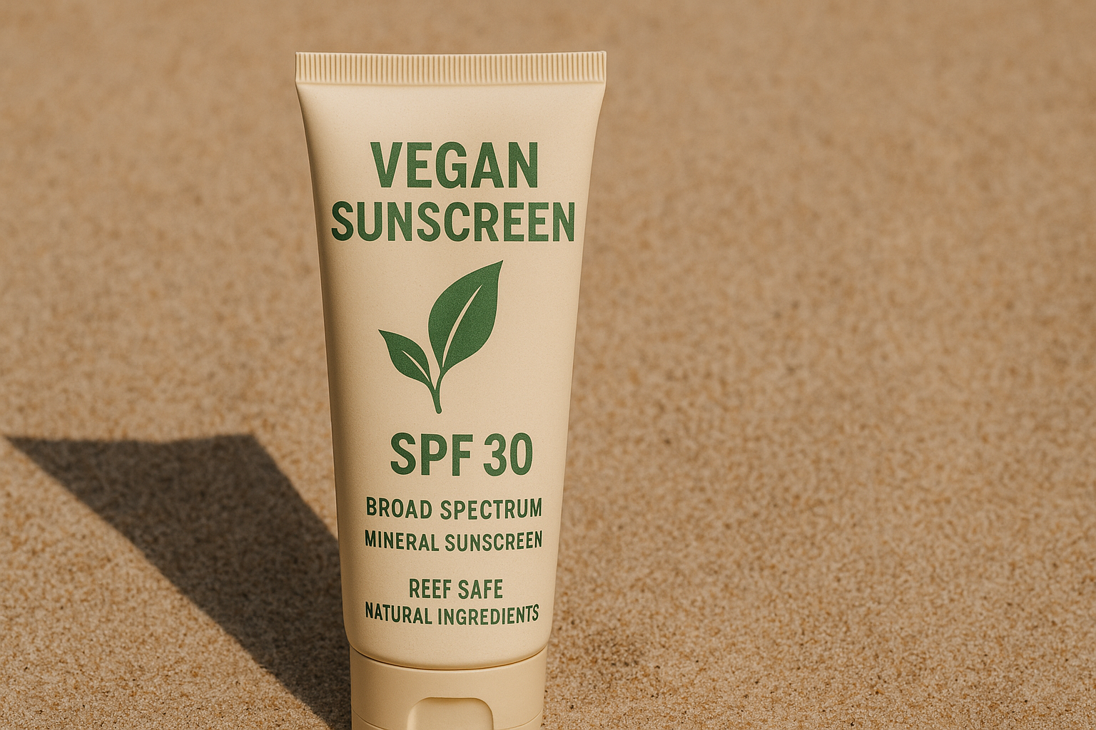 Tube of sunscreen labeled "Vegan" on a beach